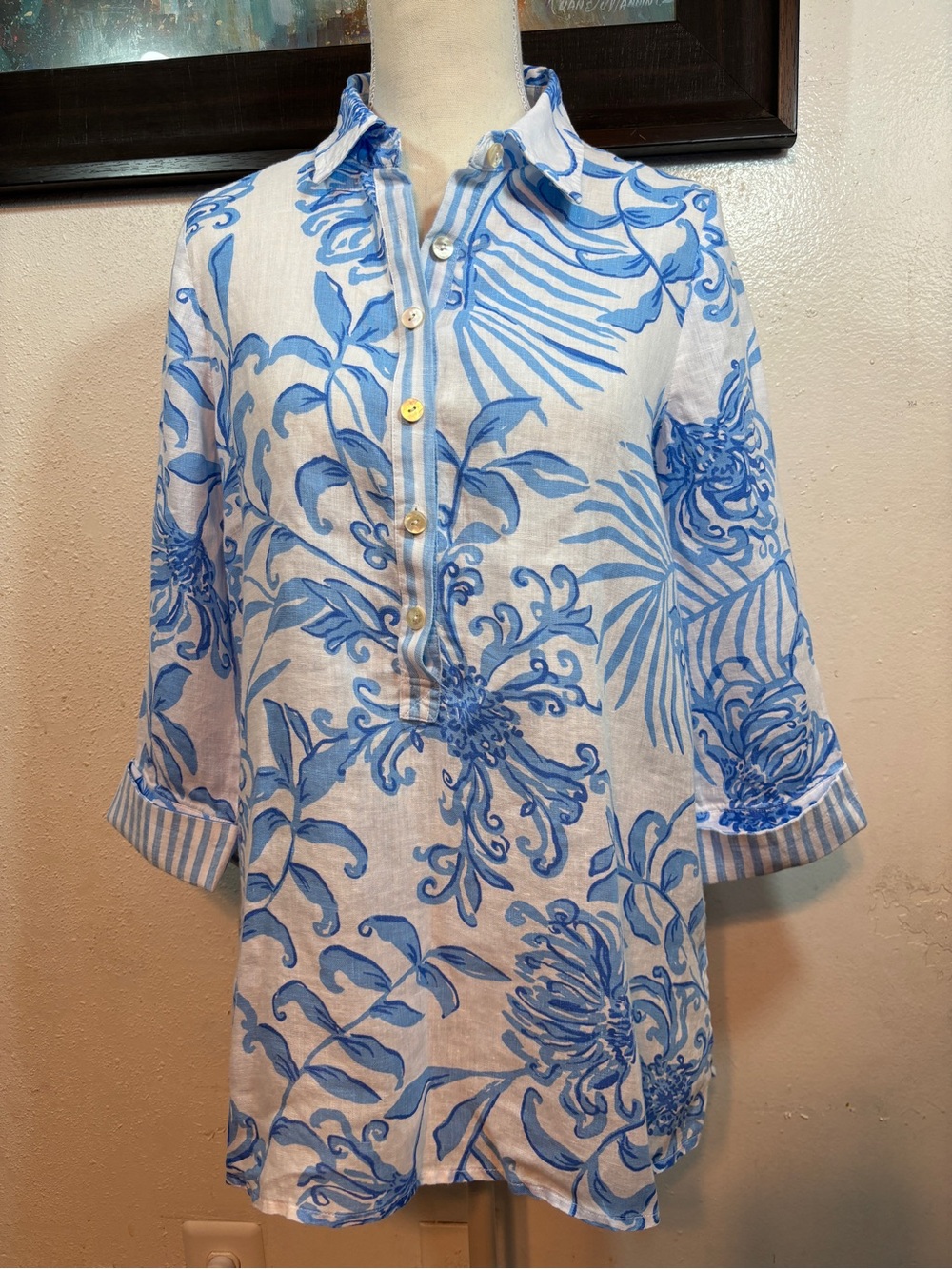 Lilly Pulitzer Blue and White Floral Linen Tunic